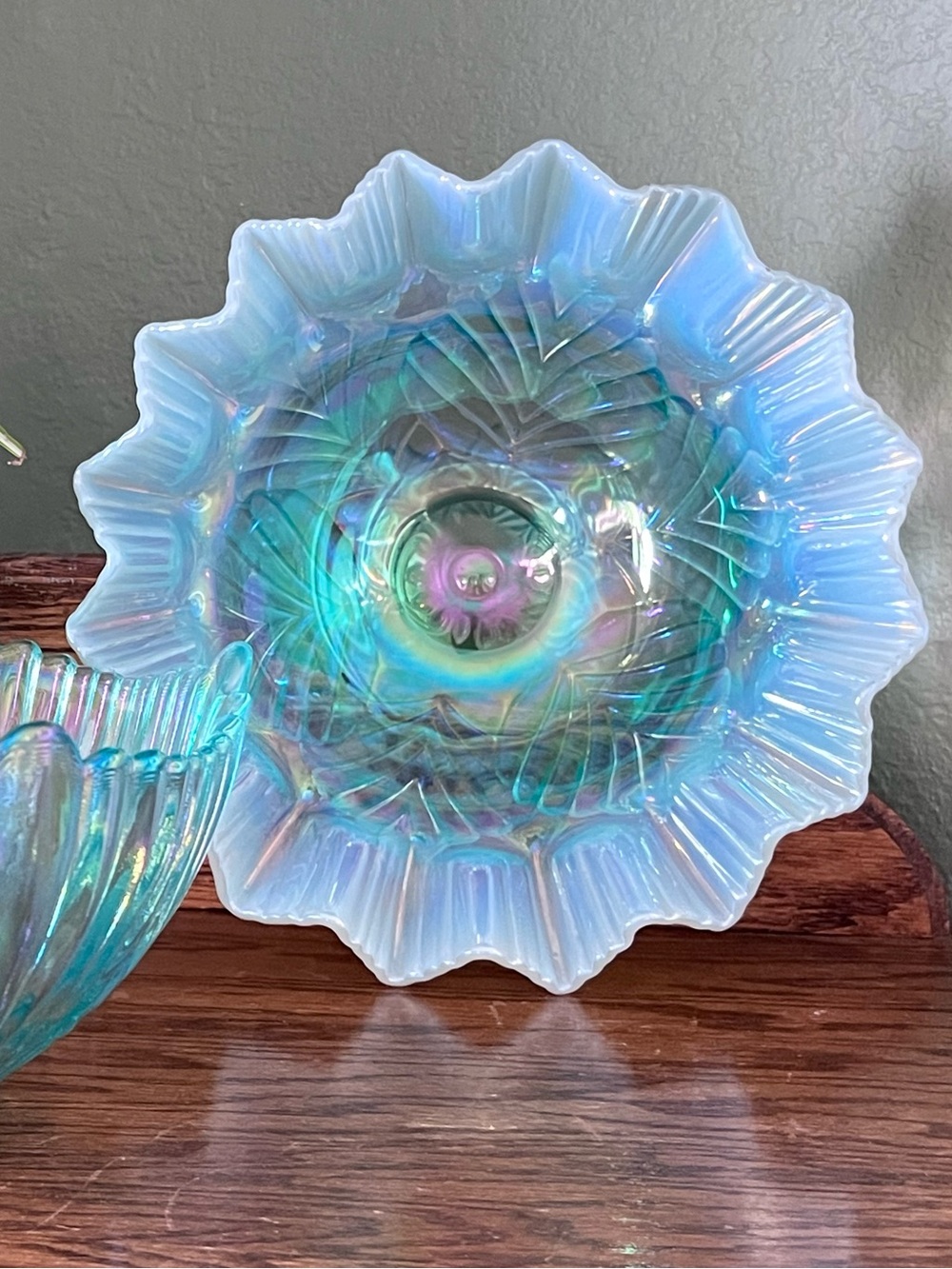 Vintage Fenton Iridized Opaline Leaf Carnival Glass Dish Bowl